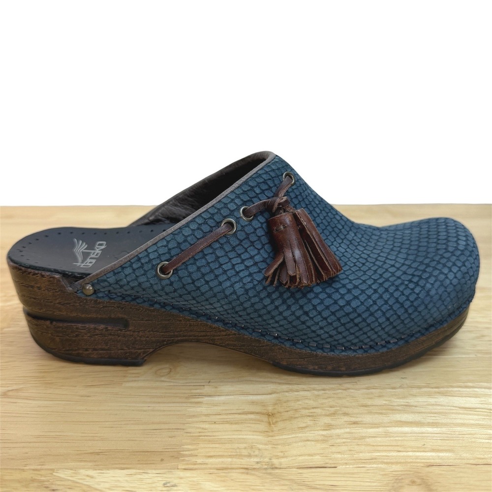 Dansko Shandi Clogs Mules Women 38 Blue Nuback Leather Scale Pattern Tassels